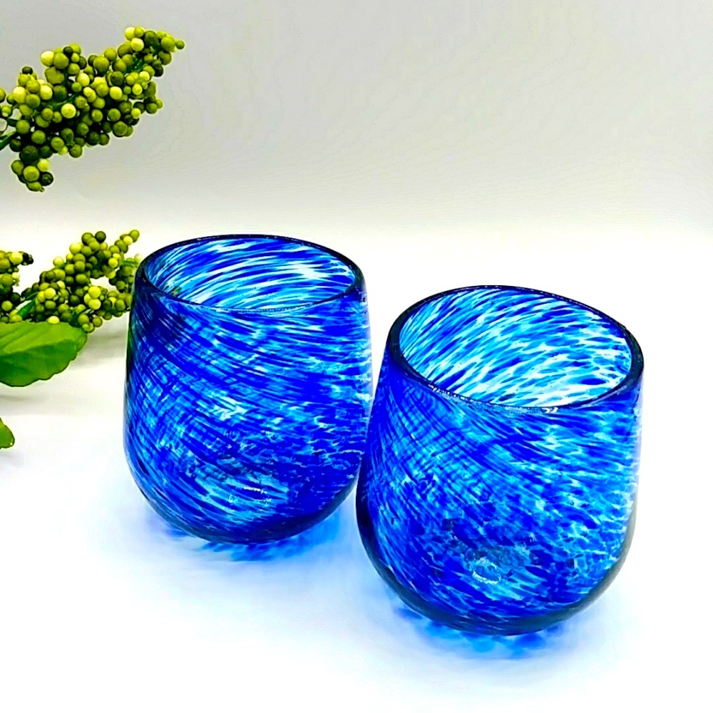 🫐HP! 2 Cocktail Glasses With Blue Swirled Dots, Hand Blown